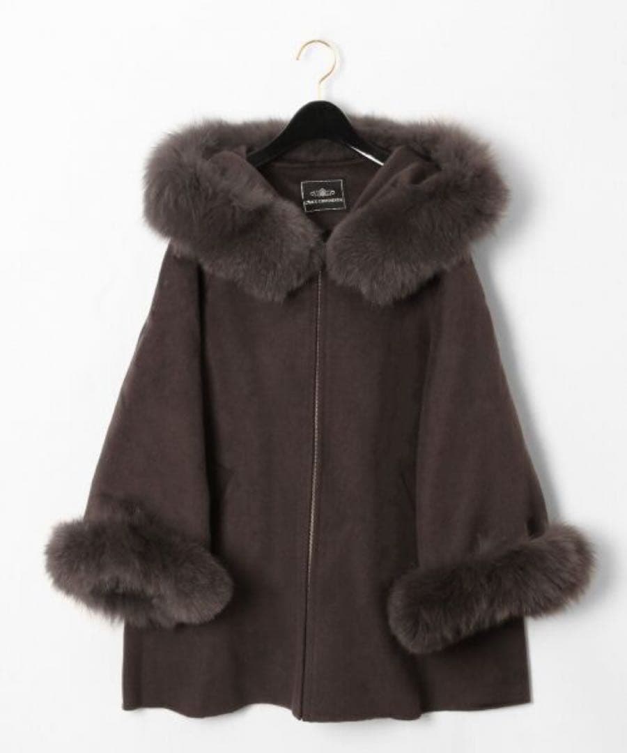 GRACE CONTINENTAL ポンチョ風トリミングコート チャコール