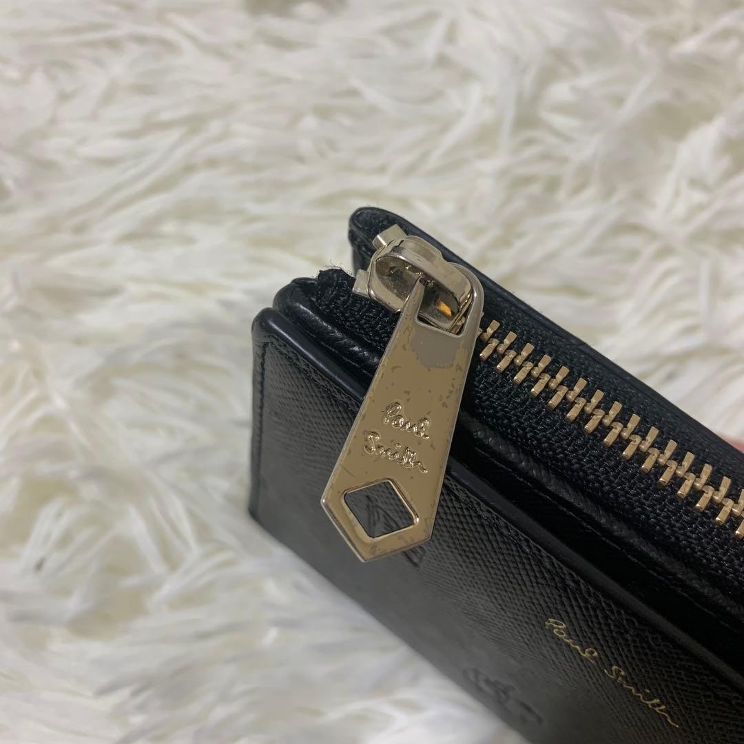 ポールスミス　ポールドローイング 二つ折り財布 レザー 総柄　L字ジップ 黒