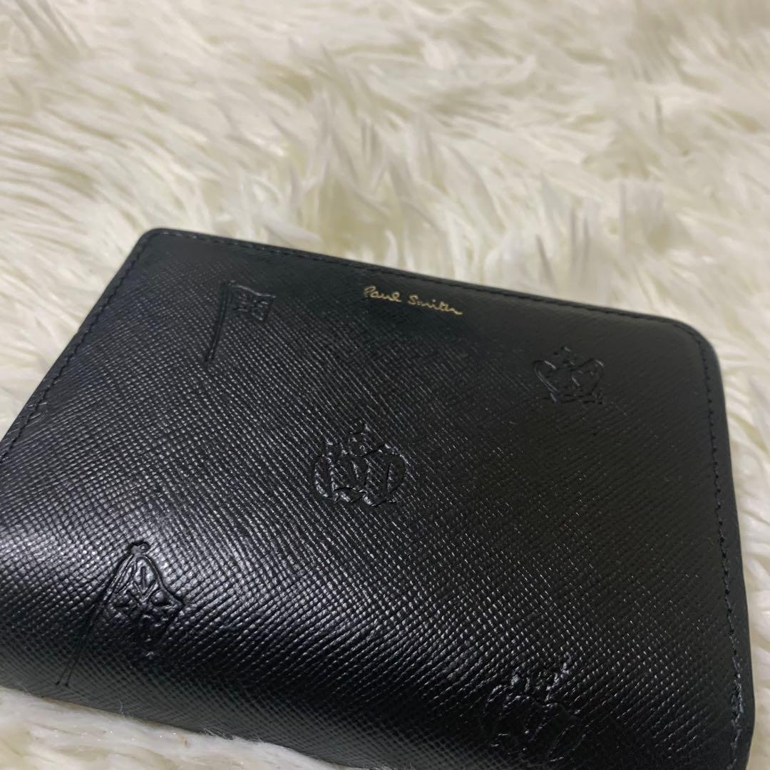 ポールスミス　ポールドローイング 二つ折り財布 レザー 総柄　L字ジップ 黒