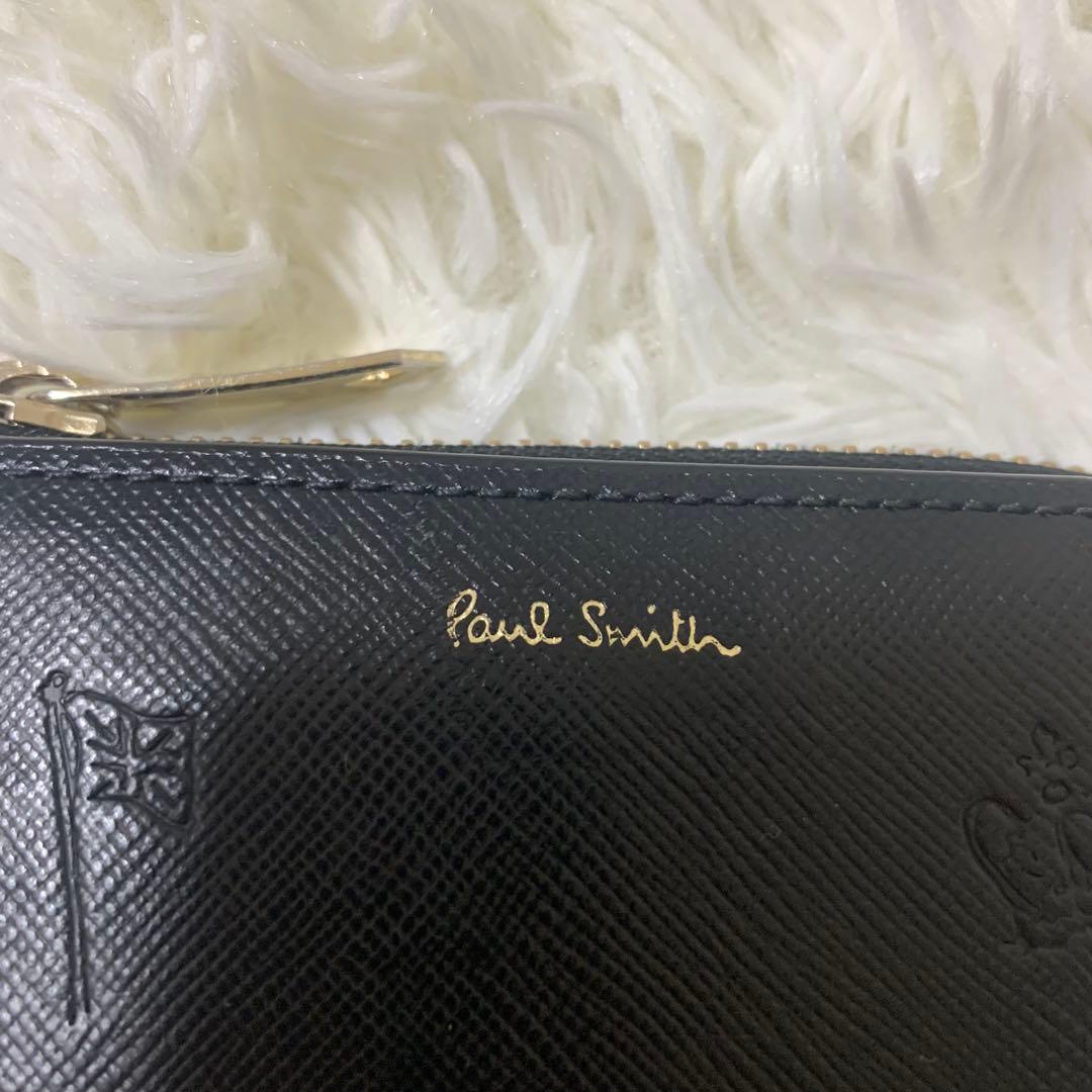 ポールスミス　ポールドローイング 二つ折り財布 レザー 総柄　L字ジップ 黒