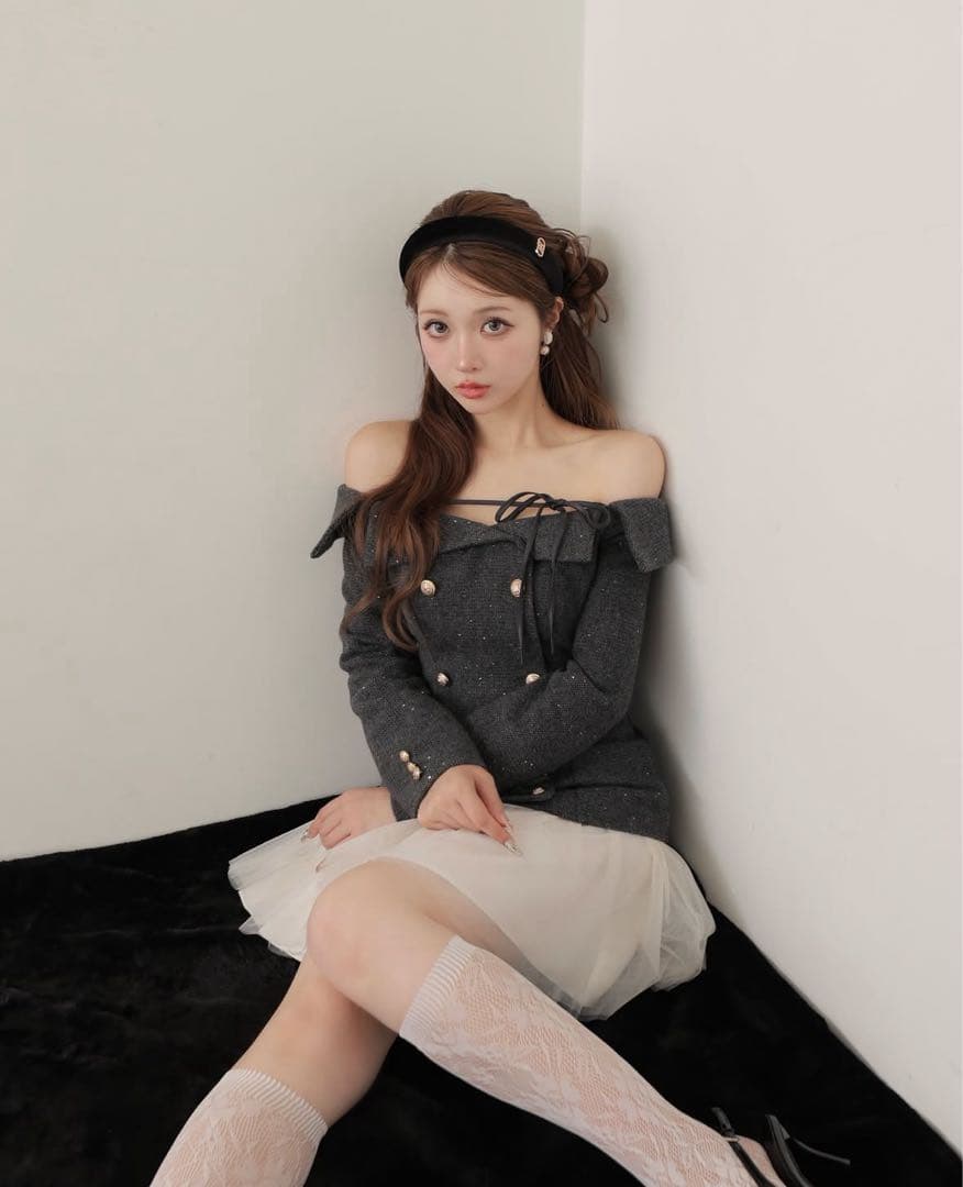 ワンピース Wool herringbone tulle onepiece Mmeeme