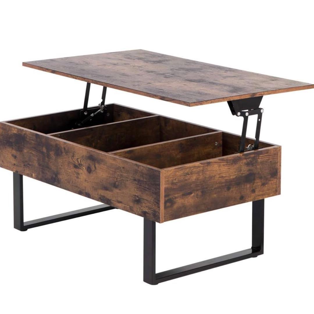 昇降式ローテーブル ブラウン木目調 収納付き