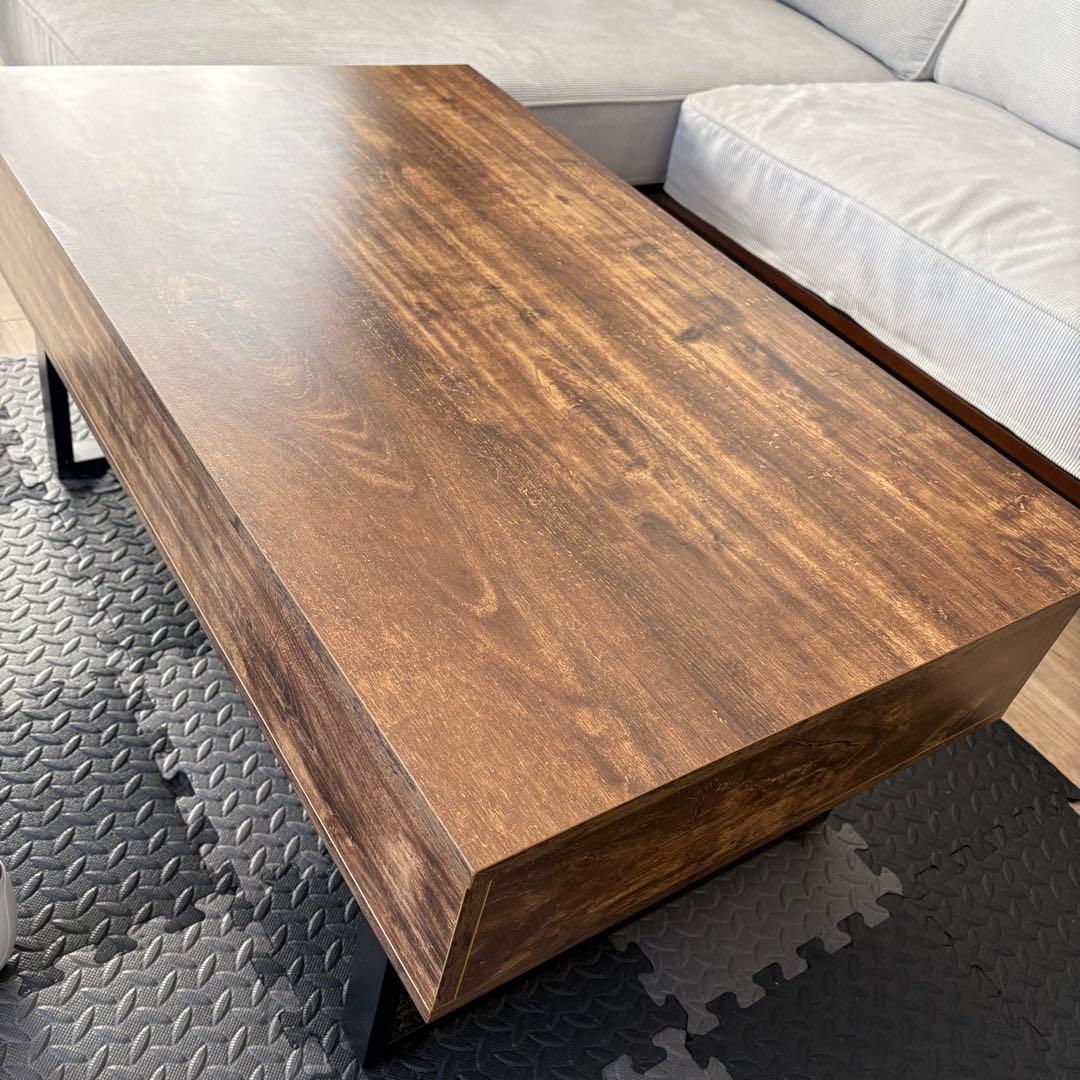 昇降式ローテーブル ブラウン木目調 収納付き