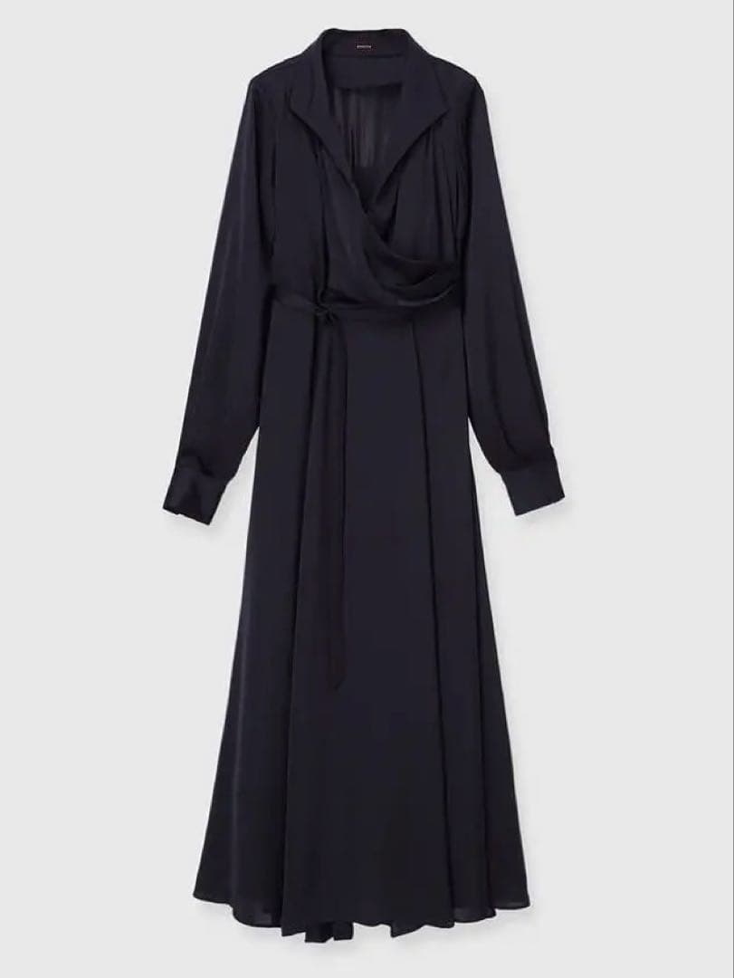 anuans サテンオープンカラーフレアワンピース