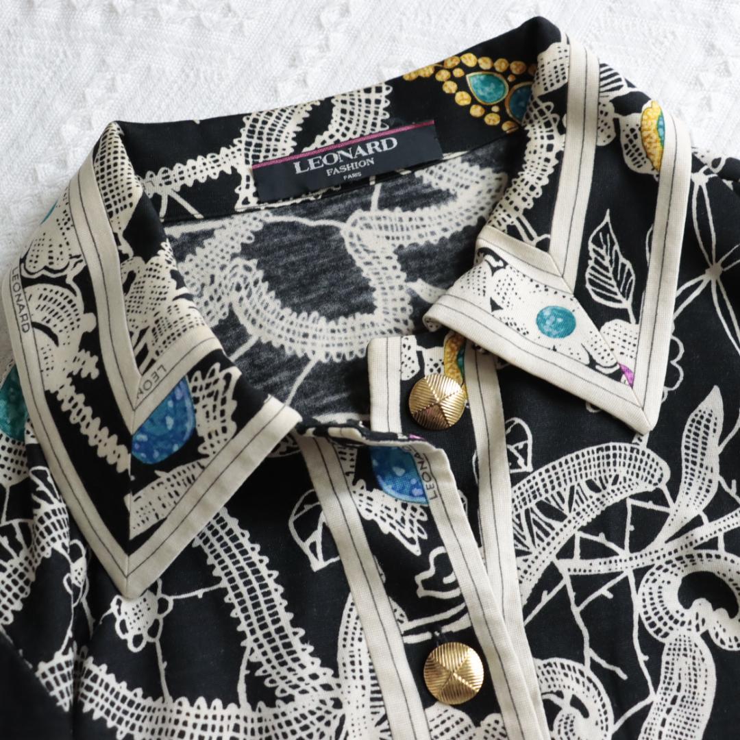 高級！レオナール　ドレスシャツ　宝石　ジュエルデザイン　フラワーチュニック