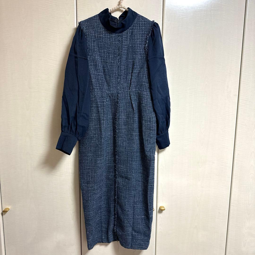 ボウタイリボン♡ミックスツイードコンビワンピース