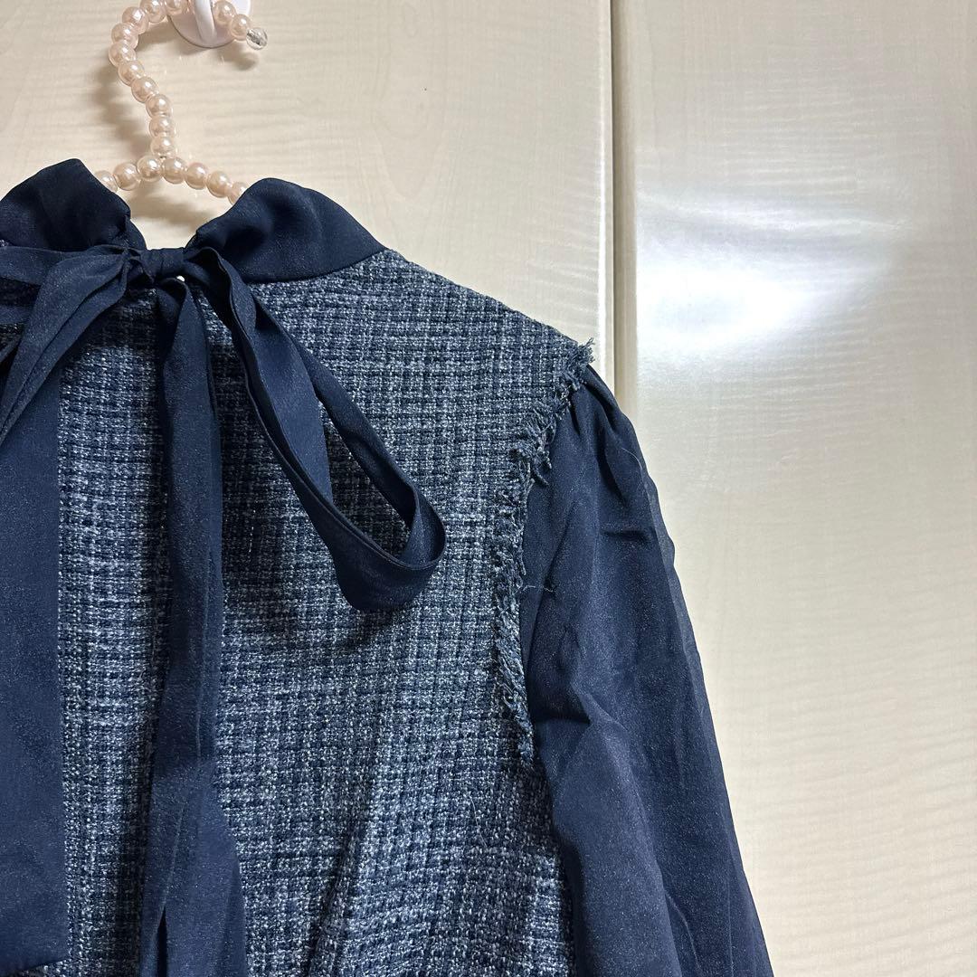 ボウタイリボン♡ミックスツイードコンビワンピース