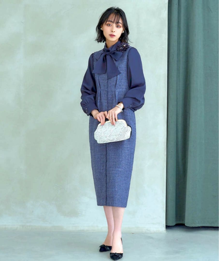 ボウタイリボン♡ミックスツイードコンビワンピース