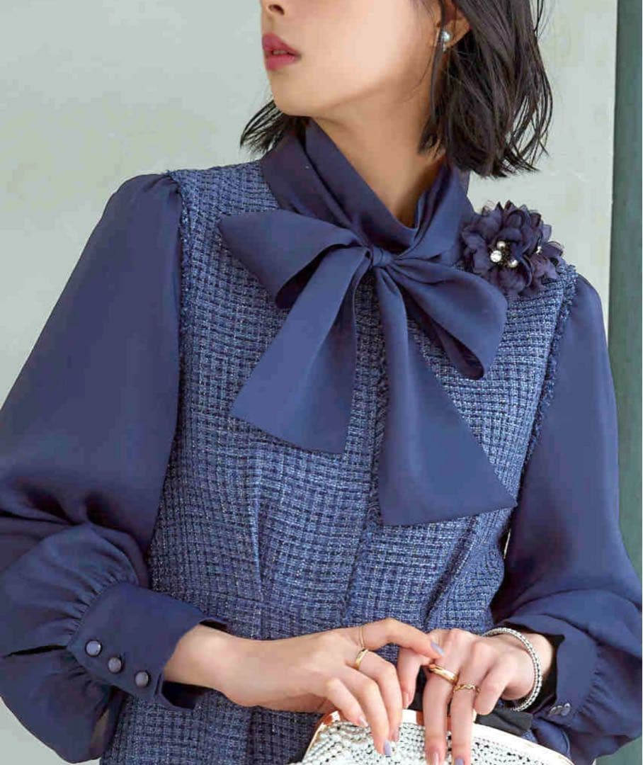 ボウタイリボン♡ミックスツイードコンビワンピース