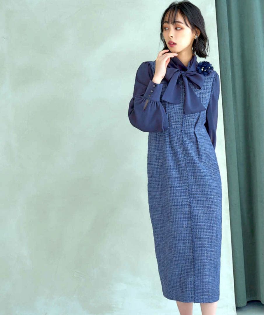 ボウタイリボン♡ミックスツイードコンビワンピース