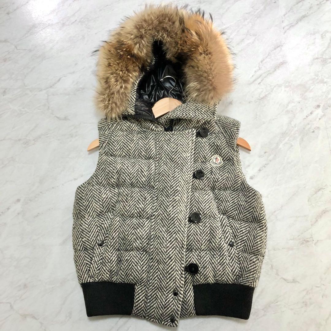 【極美品】 MONCLER ダウンベスト ファー ヘリンボーン 2WAY ロゴ