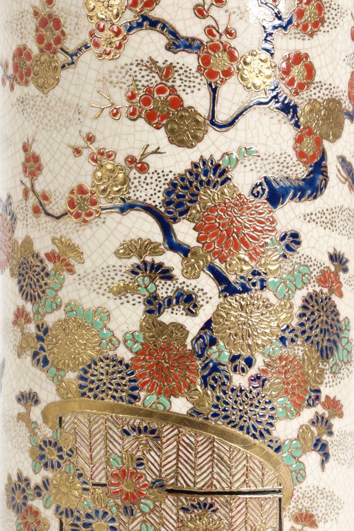 明治期 薩摩焼【薩摩十字家紋】金襴手 竹梅菊文 花瓶 花器 壺 古美術 骨董品