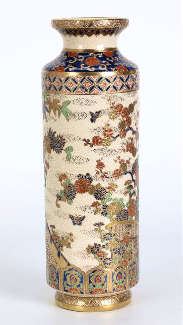 明治期 薩摩焼【薩摩十字家紋】金襴手 竹梅菊文 花瓶 花器 壺 古美術 骨董品