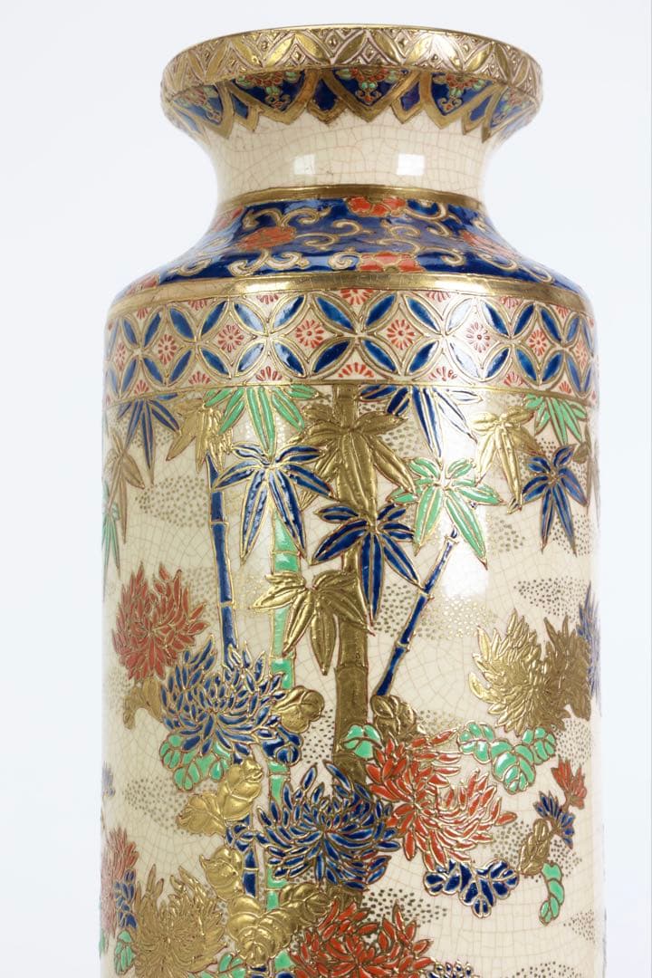 明治期 薩摩焼【薩摩十字家紋】金襴手 竹梅菊文 花瓶 花器 壺 古美術 骨董品