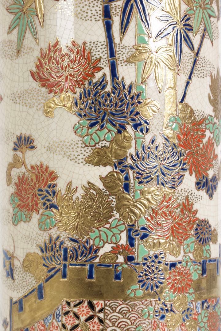 明治期 薩摩焼【薩摩十字家紋】金襴手 竹梅菊文 花瓶 花器 壺 古美術 骨董品