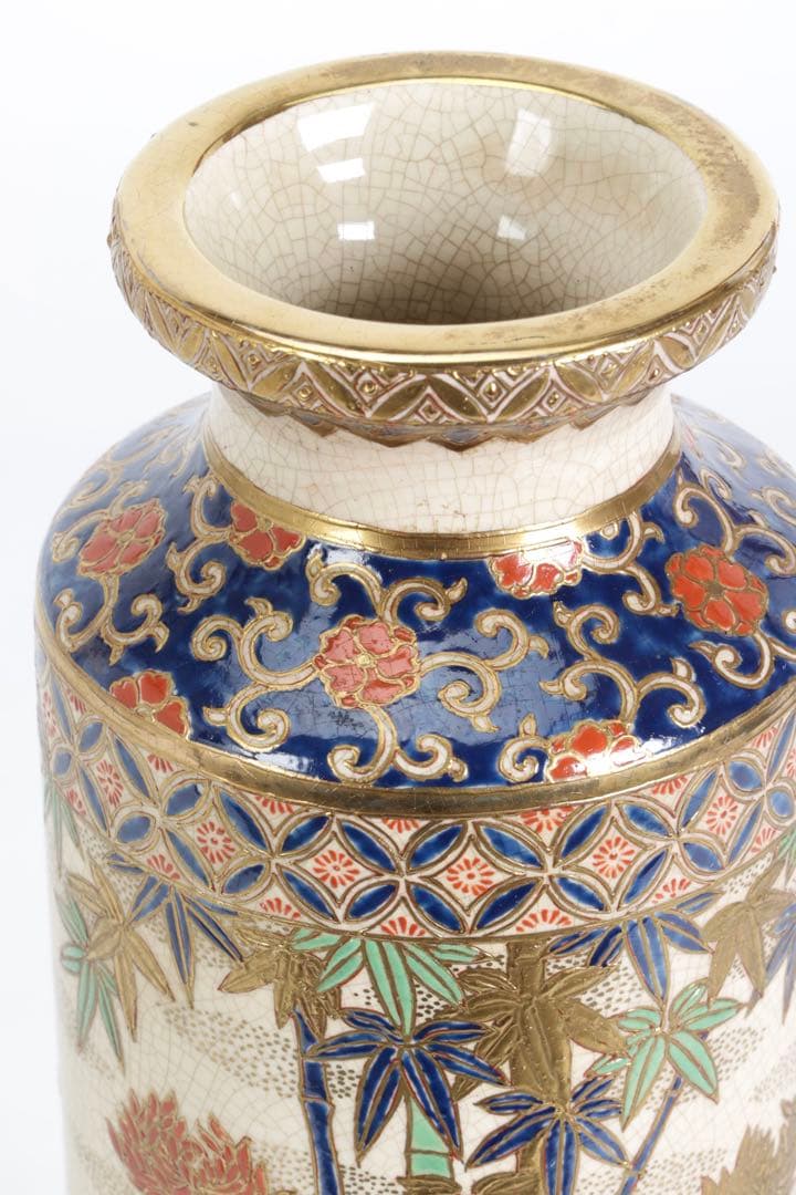 明治期 薩摩焼【薩摩十字家紋】金襴手 竹梅菊文 花瓶 花器 壺 古美術 骨董品