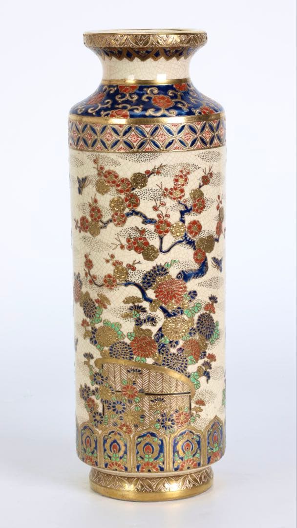 明治期 薩摩焼【薩摩十字家紋】金襴手 竹梅菊文 花瓶 花器 壺 古美術 骨董品