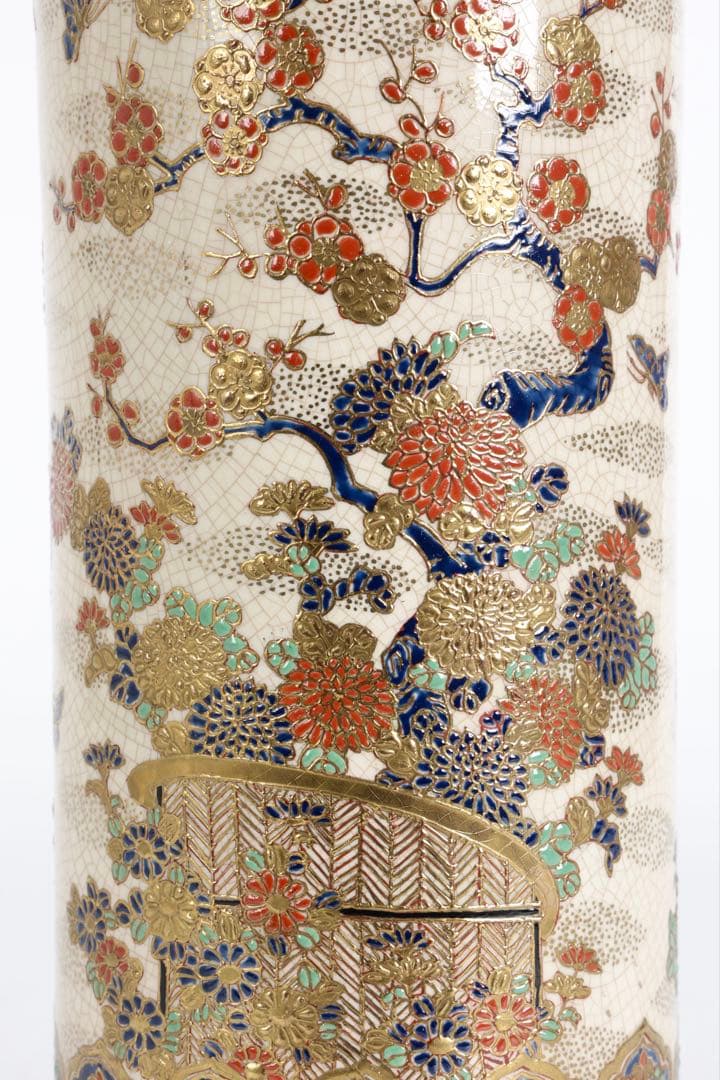 明治期 薩摩焼【薩摩十字家紋】金襴手 竹梅菊文 花瓶 花器 壺 古美術 骨董品