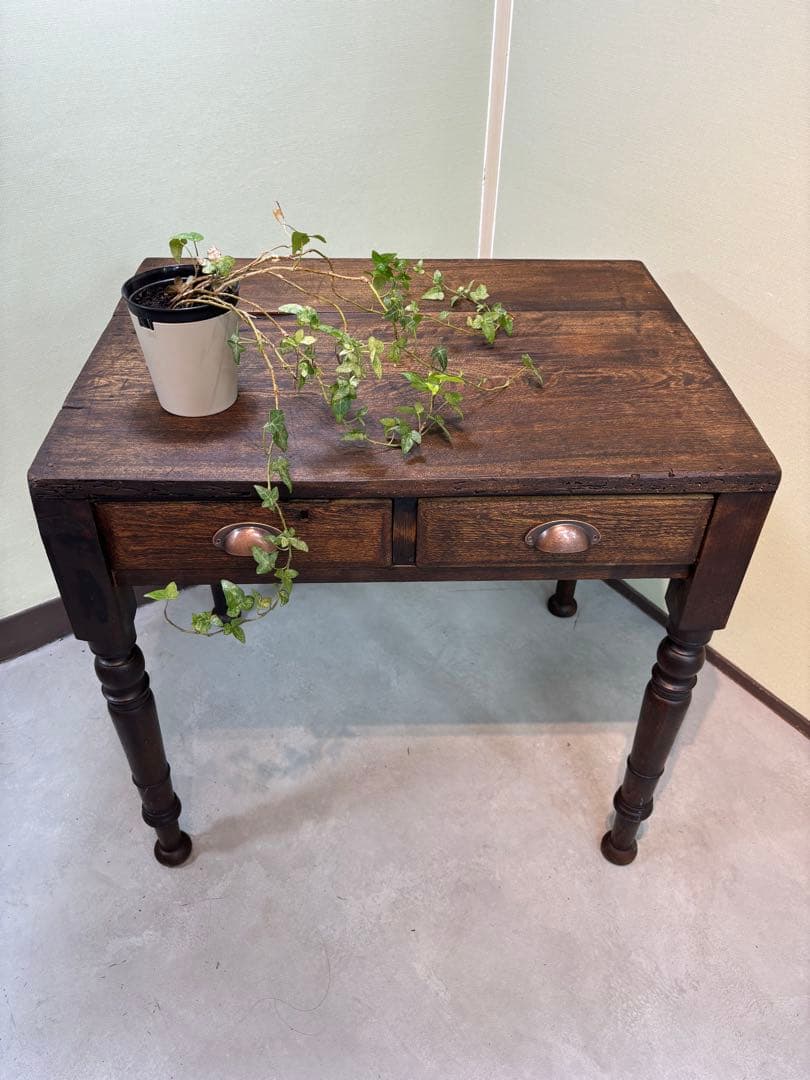 古家具 アンティーク机 2杯引き出し サイドテーブル ろくろ脚 無垢