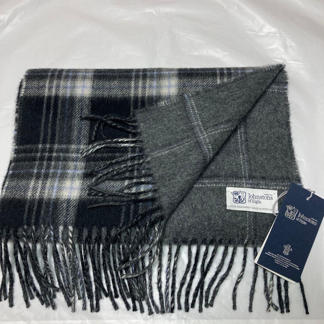 新品 ジョンストンズ カシミヤ100％ 中判 リバーシブル グレー 国内正規品