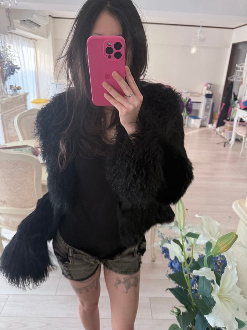 ジャケット・アウター black lamb fur jacket