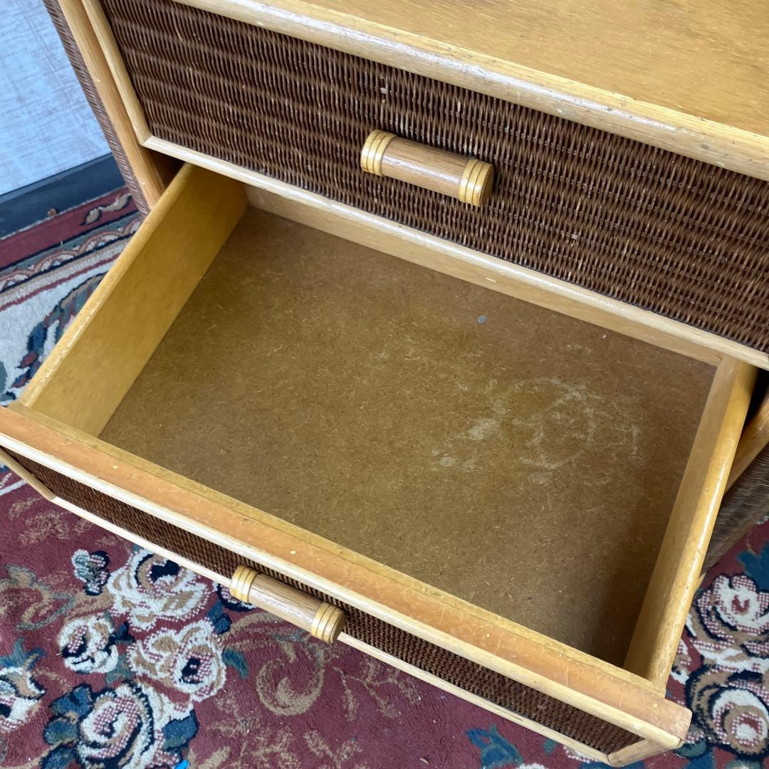 ①昭和レトロ 木製天板 ラタンチェスト 4段 引き出し箪笥 古家具 ビンテージ