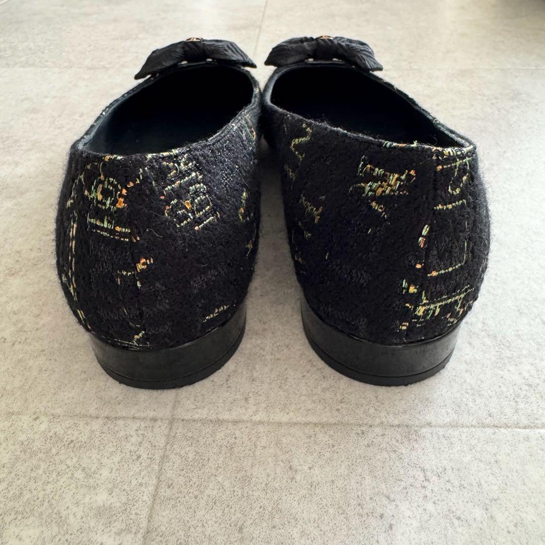 シャネル　パンプス　ココマーク　リボン　ツイード　黒　エナメル切替　保存袋　37