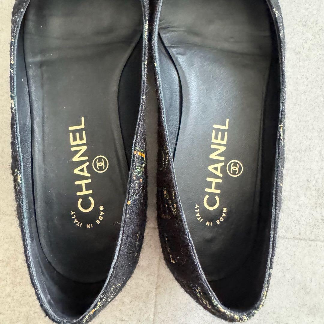 シャネル　パンプス　ココマーク　リボン　ツイード　黒　エナメル切替　保存袋　37