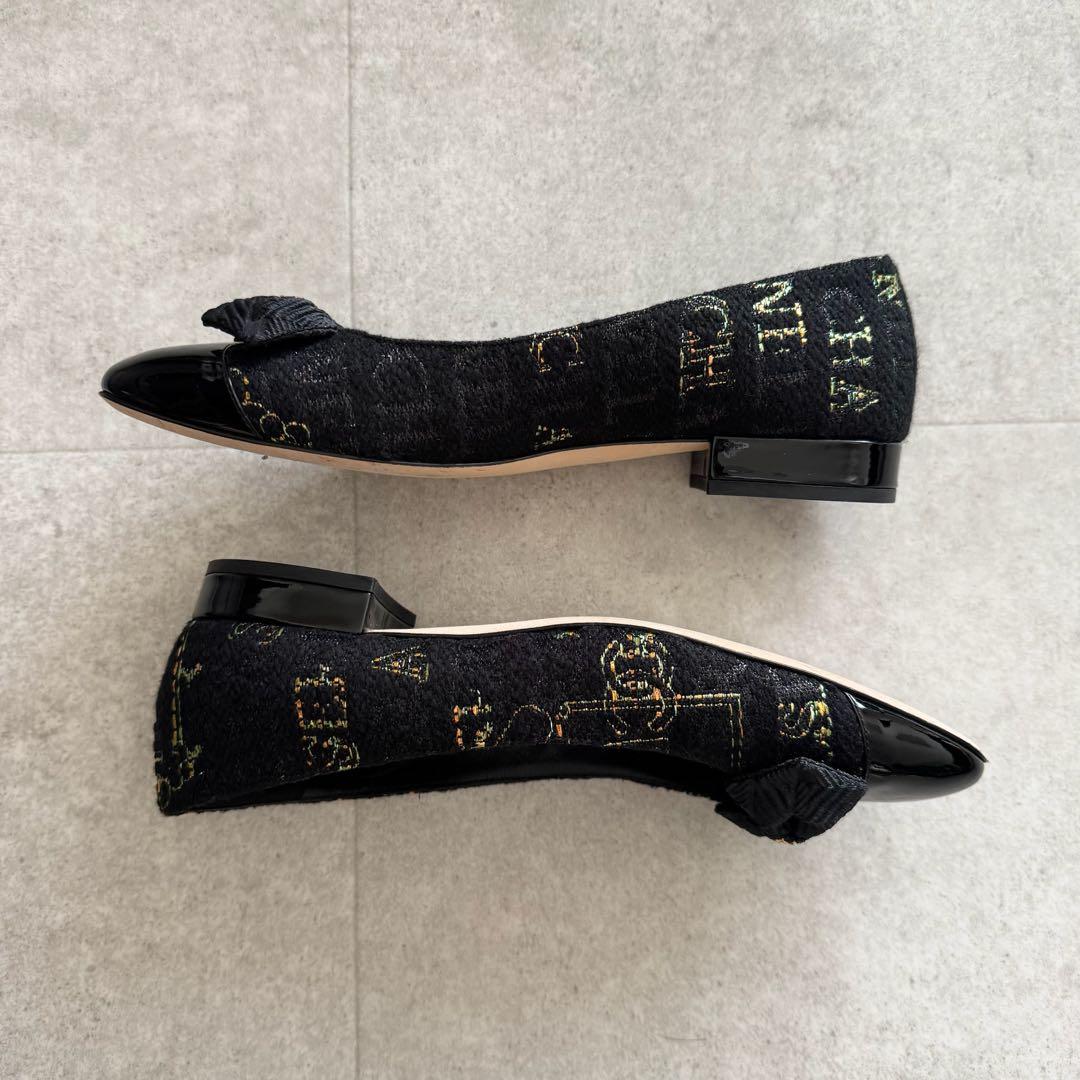 シャネル　パンプス　ココマーク　リボン　ツイード　黒　エナメル切替　保存袋　37