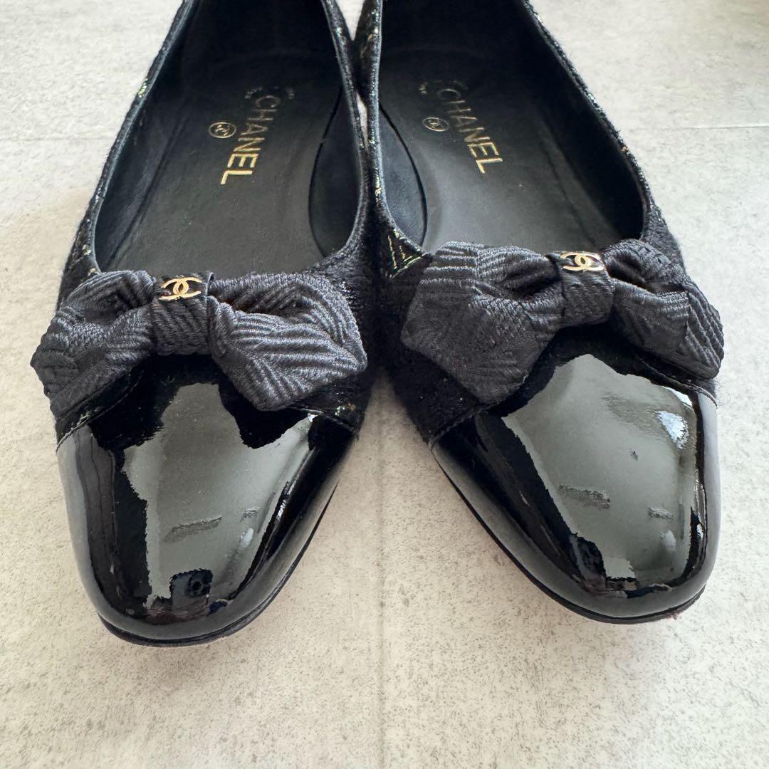 シャネル　パンプス　ココマーク　リボン　ツイード　黒　エナメル切替　保存袋　37