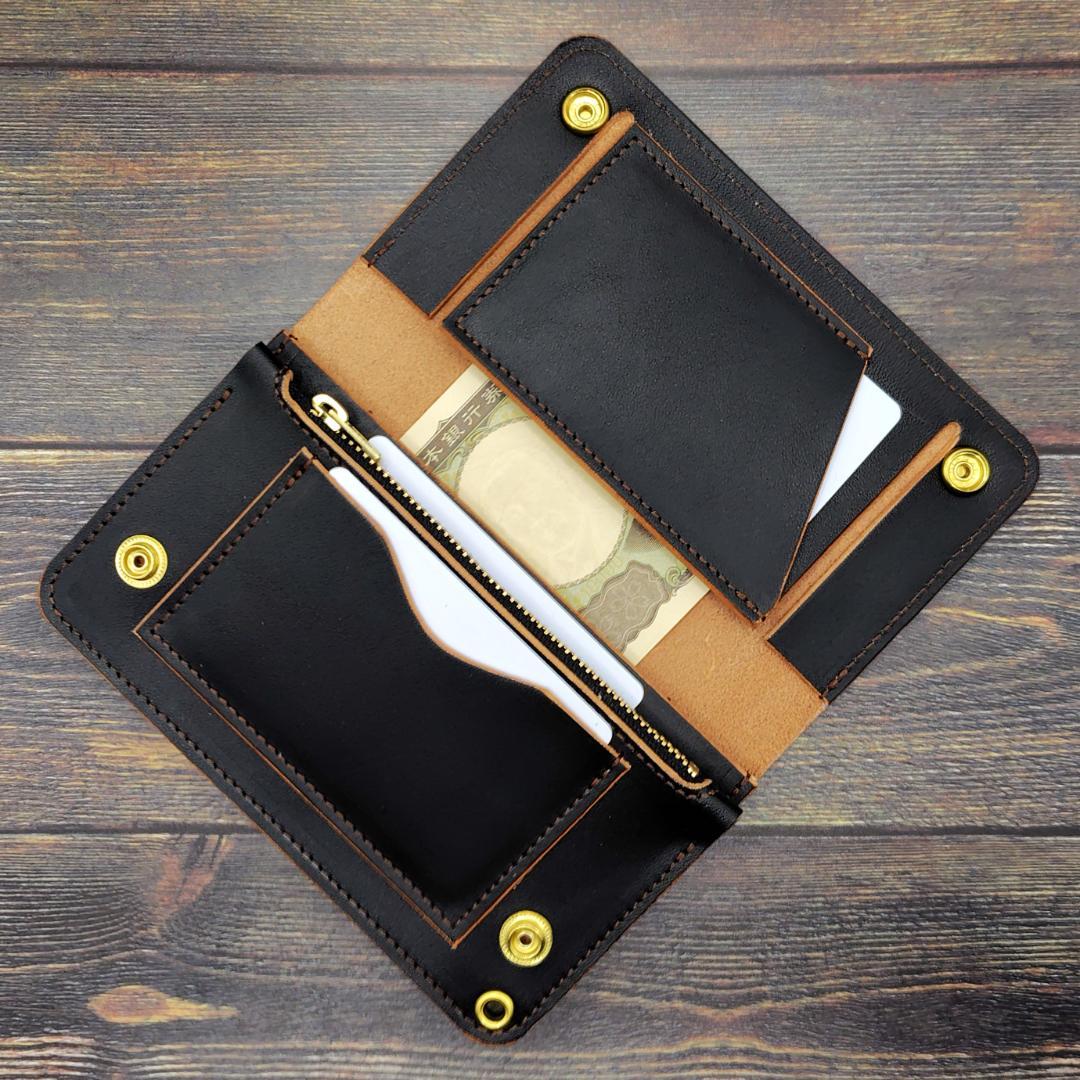 ミドルトラッカーウォレット 栃木レザー ハンドメイド 本革 茶芯ブラック