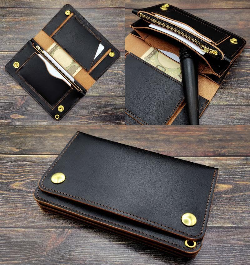 ミドルトラッカーウォレット 栃木レザー ハンドメイド 本革 茶芯ブラック