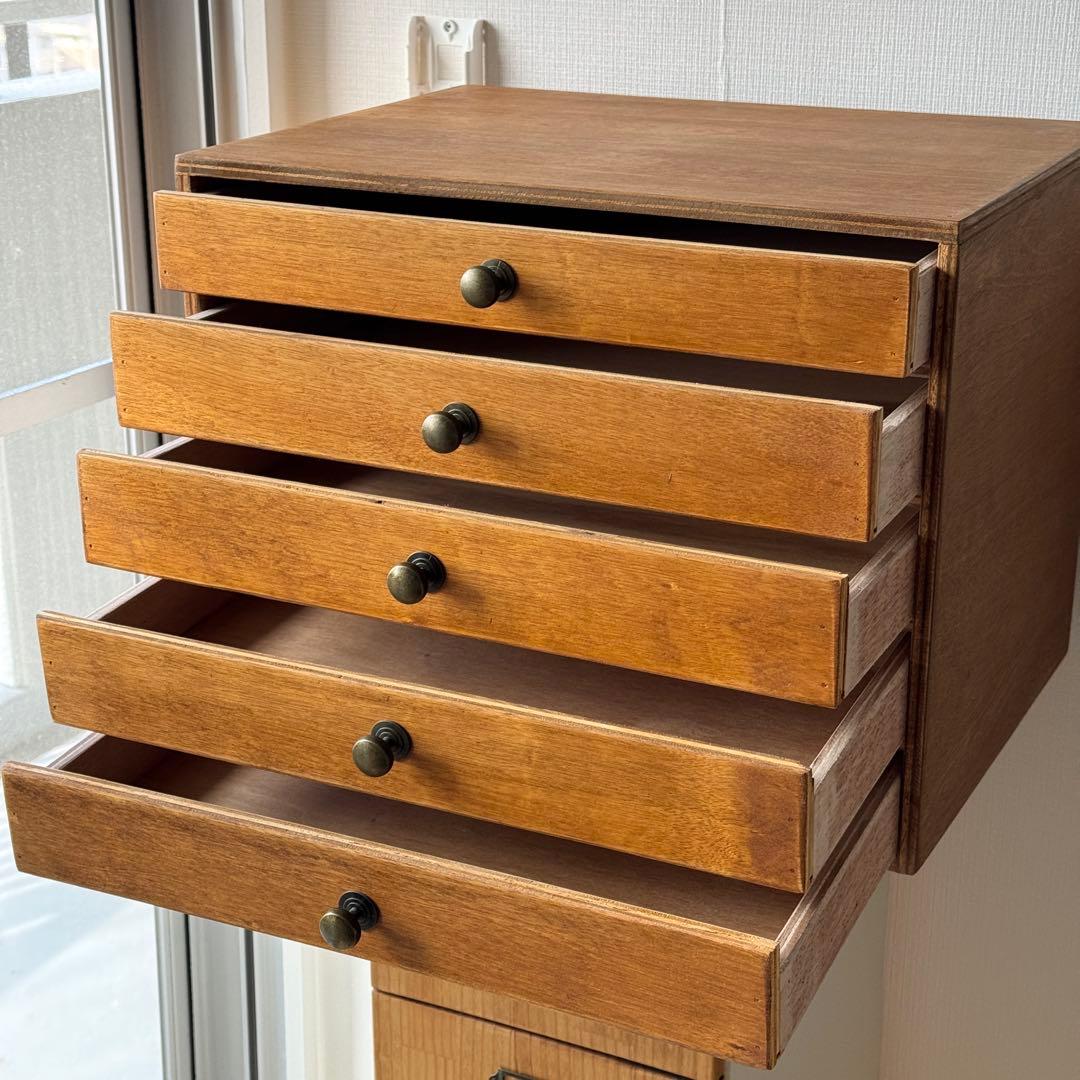 送料込み｜アンティーク調　木製の小引き出し　A3サイズ　5段　つまみタイプ