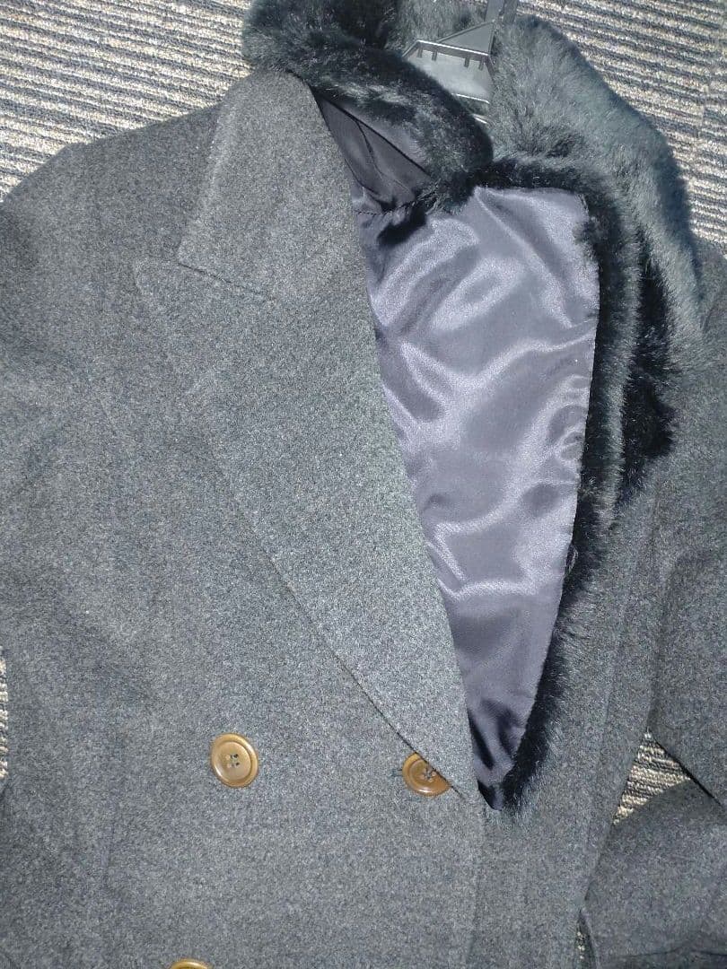 BOSCHボッシュウールダークグレー ファー付きマキシ丈ロングコートsize38