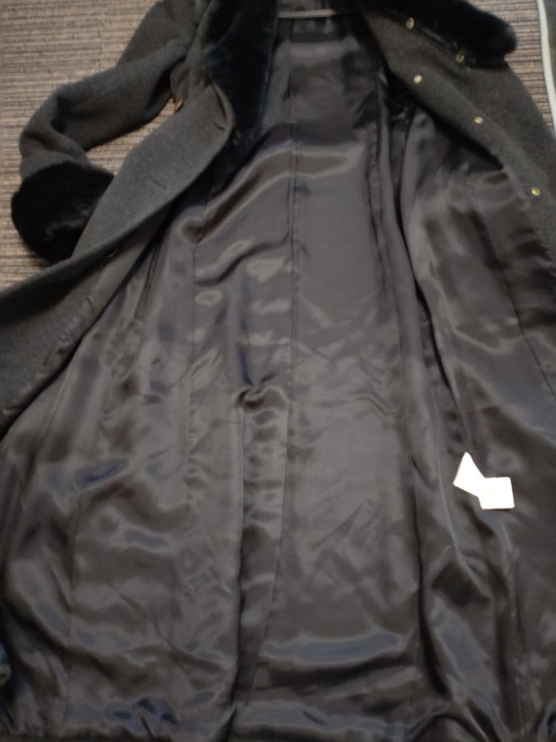 BOSCHボッシュウールダークグレー ファー付きマキシ丈ロングコートsize38
