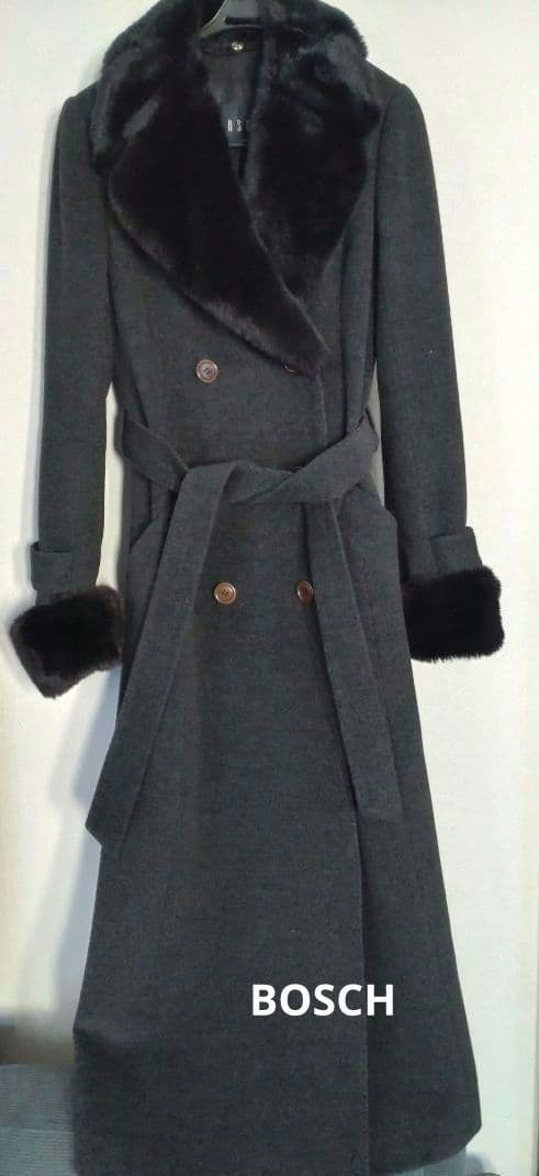 BOSCHボッシュウールダークグレー ファー付きマキシ丈ロングコートsize38