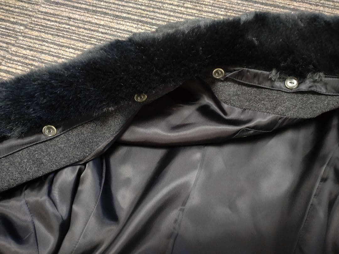 BOSCHボッシュウールダークグレー ファー付きマキシ丈ロングコートsize38