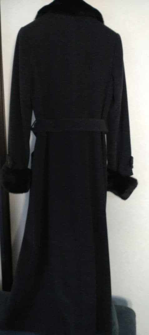 BOSCHボッシュウールダークグレー ファー付きマキシ丈ロングコートsize38