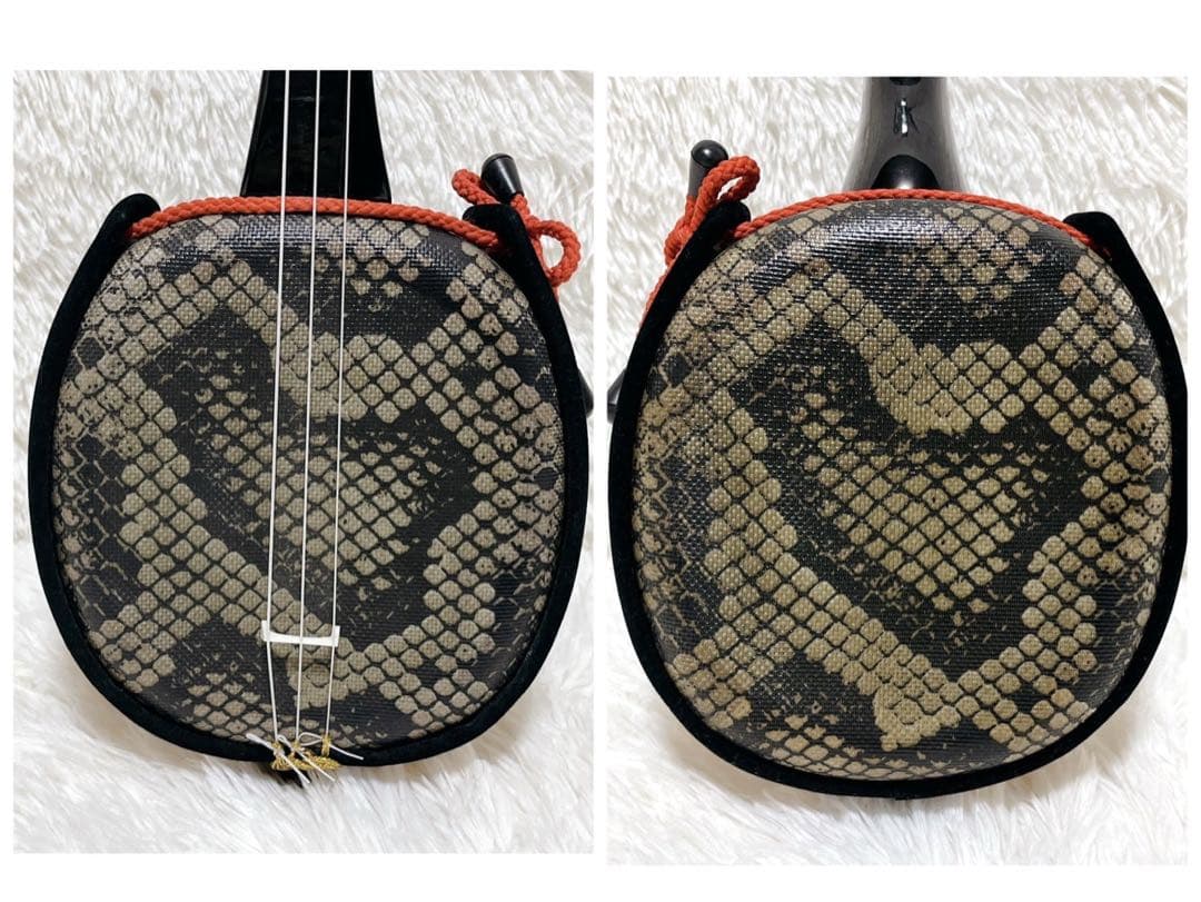 【未使用】ミニ沖縄三線 合皮 人口皮 黒 ヘビ柄
