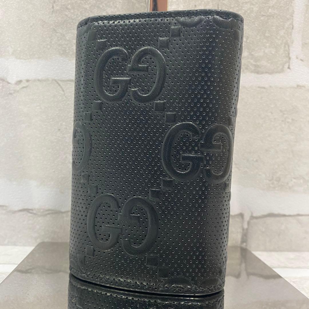 美品⭐︎グッチ　GG柄　エンボス　6連キーケース　キーリング　黒　ビッグロゴ
