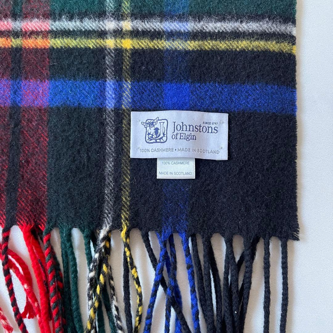 ジョンストンズ カシミヤ100% ストール ブラックスチュアート チェック 大判