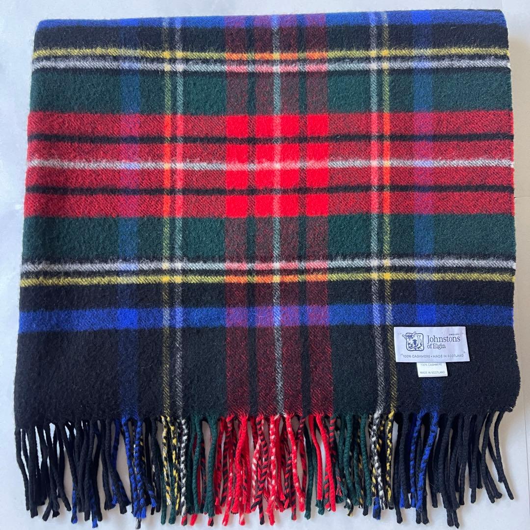 ジョンストンズ カシミヤ100% ストール ブラックスチュアート チェック 大判
