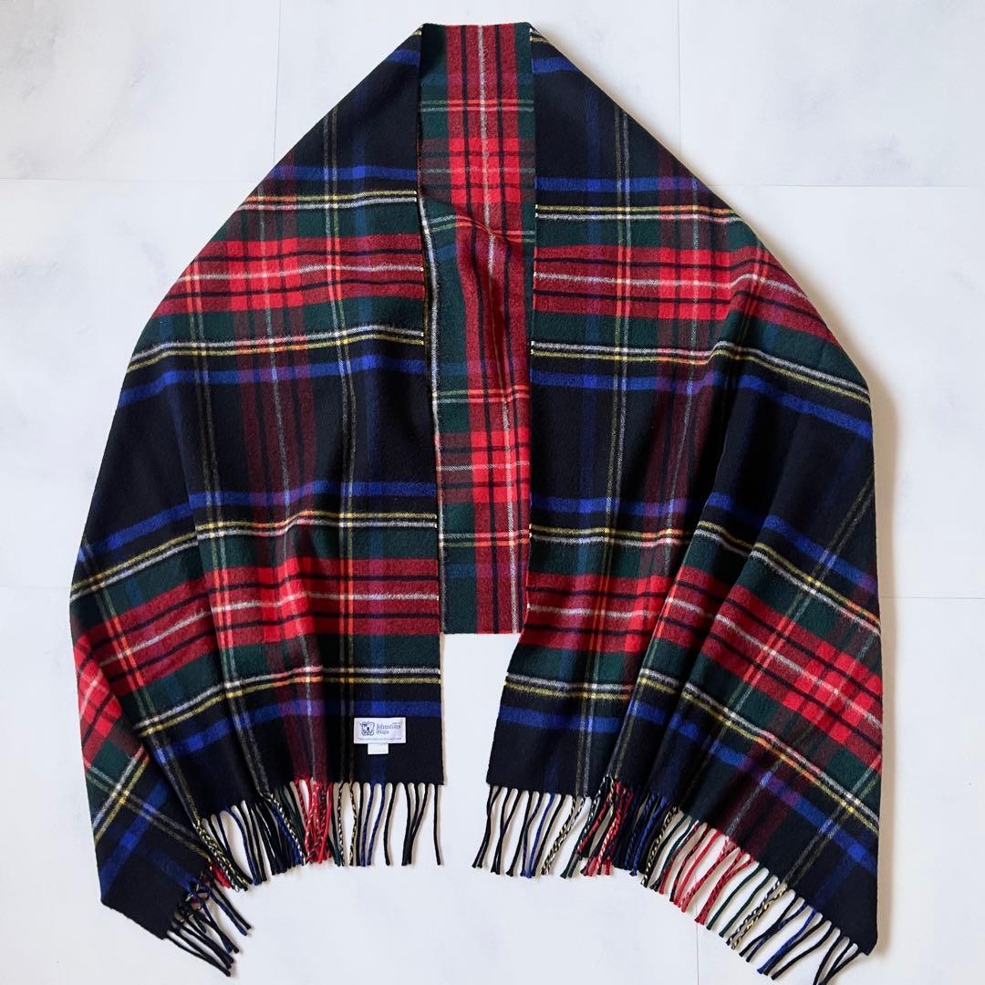 ジョンストンズ カシミヤ100% ストール ブラックスチュアート チェック 大判