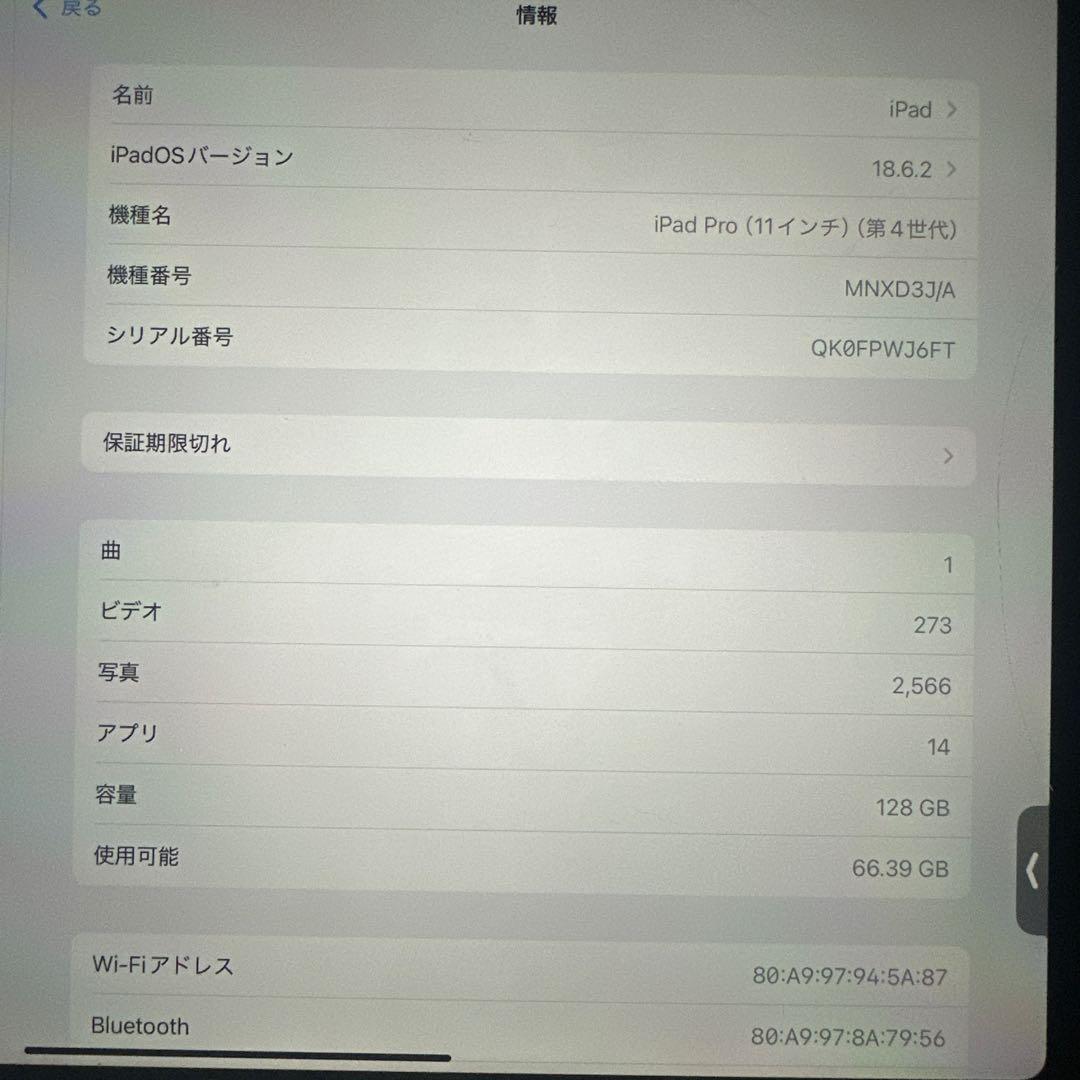 iPad Pro 11 シルバー 本体 第4世代　128