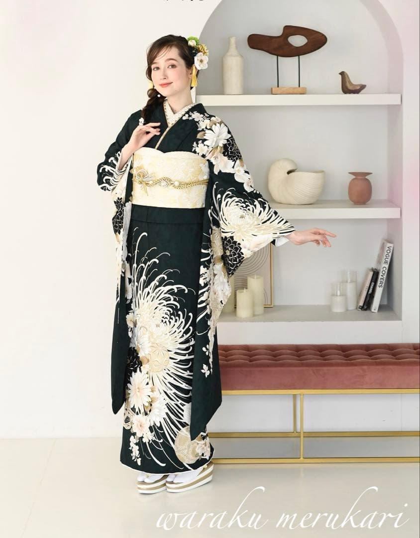 ♦︎ディープグリーン振袖♦︎金銀彩加工♦︎牡丹菊紋♦︎成人式♦︎フルセット♦︎フルオーダー