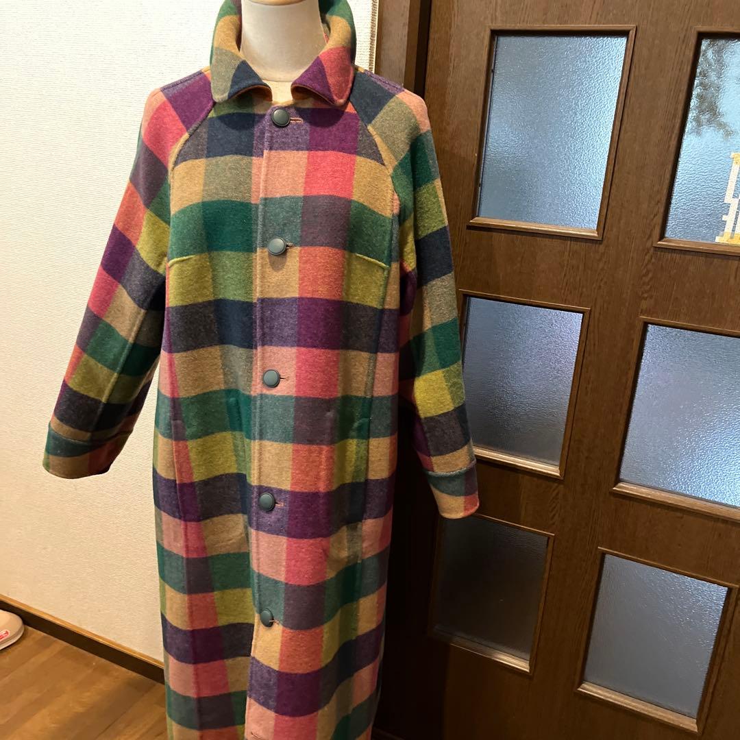 お豆様新品定価55000円キャメルチェックリバーシブルロングコート