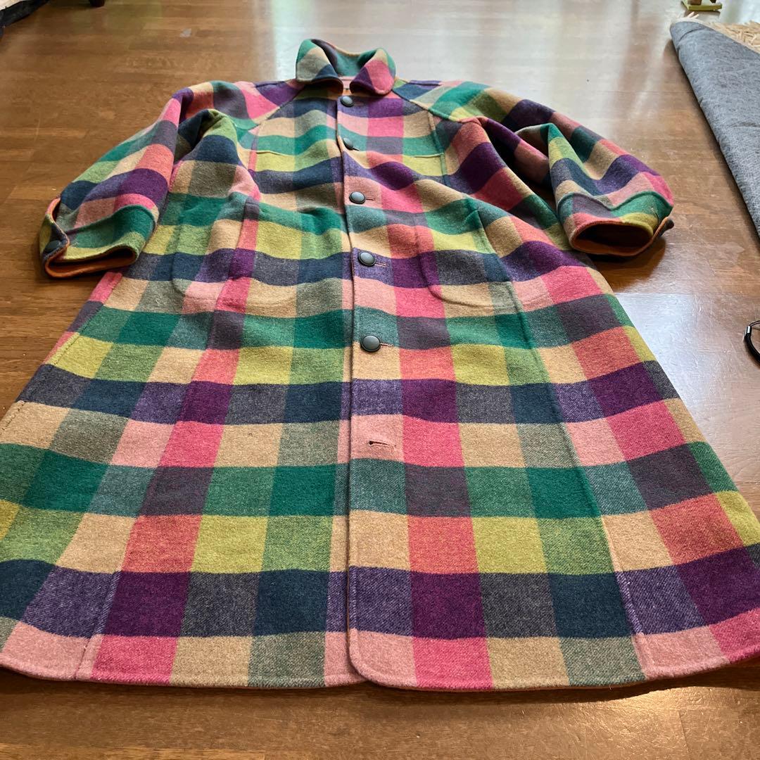 お豆様新品定価55000円キャメルチェックリバーシブルロングコート
