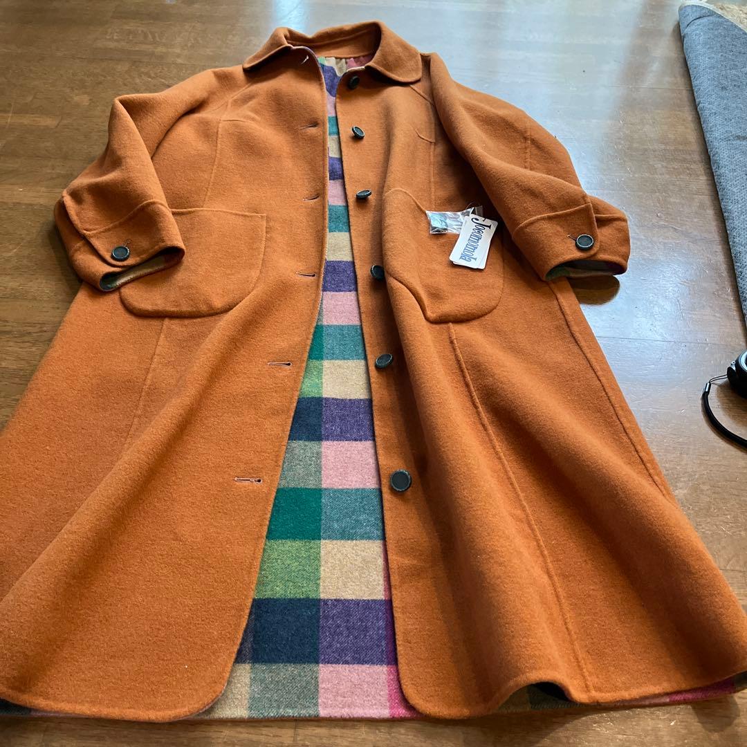 お豆様新品定価55000円キャメルチェックリバーシブルロングコート