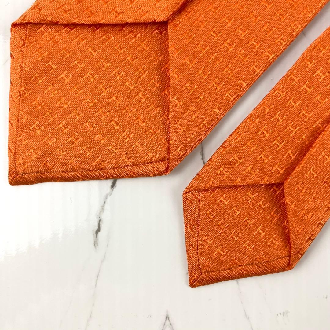 美品　エルメス　ネクタイ　ファソネ　H織　ソリッド　ジャガード　オレンジ