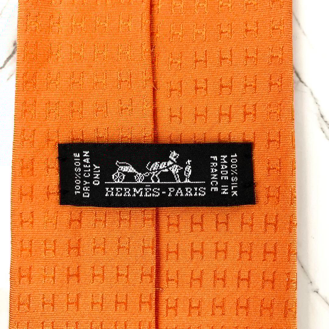 美品　エルメス　ネクタイ　ファソネ　H織　ソリッド　ジャガード　オレンジ